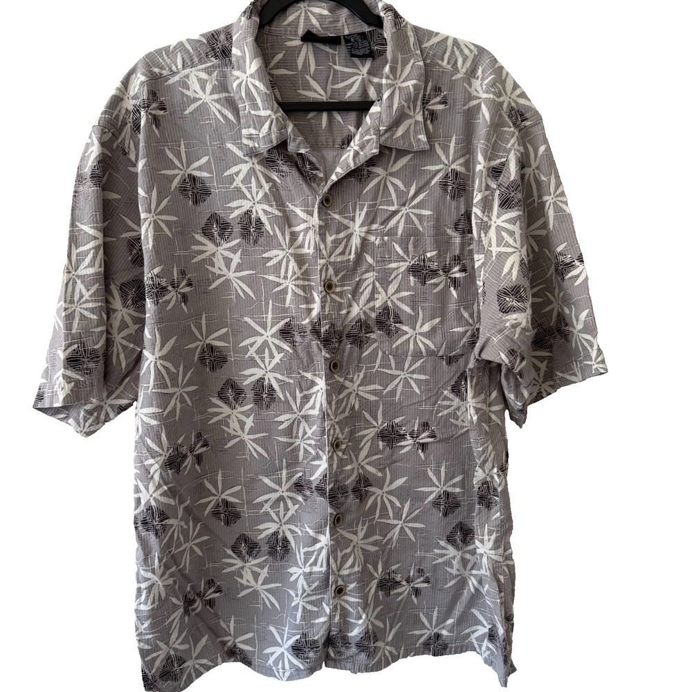 Quiksilver Button Up Shirt Mens XL Gray Tropical Palm Floral Short Sleeve